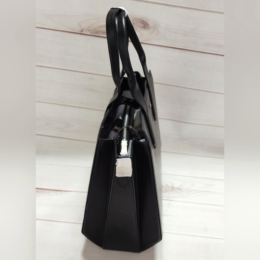 Halston Black Italian Leather Tote Handbag Large Structured Satchel $495 Retail - Picture 4 of 15